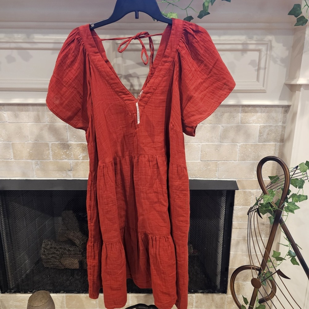 Old Navy Tiered XL Rust Red Cotton Dress Boho Cottagecore Swing Dress